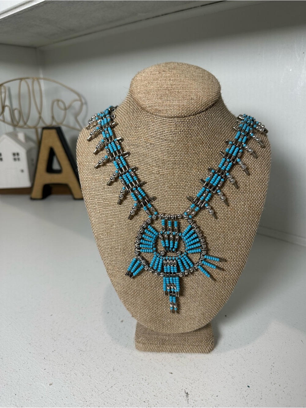 Vintage Turquoise Beaded Squash Blossom Style Necklace 15" Southwestern Statemen